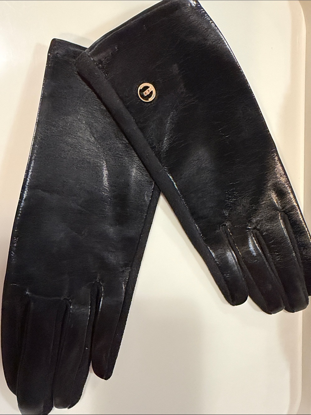 Black Leather Women's Gloves with Gold Button Accent